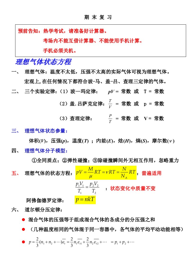 大学物理热学复习提纲