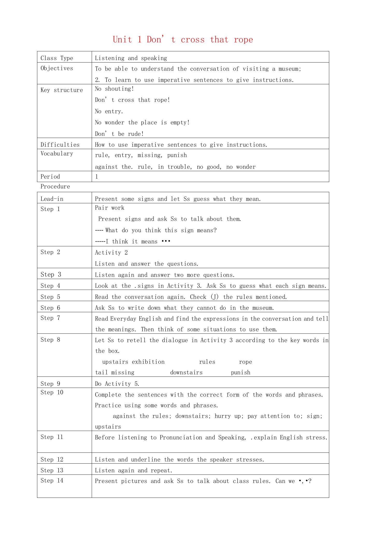 广东省佛山市顺德区江义初级中学九级英语上册《Module5MuseumsUnit1Don’tcrossthatrope》教案.doc