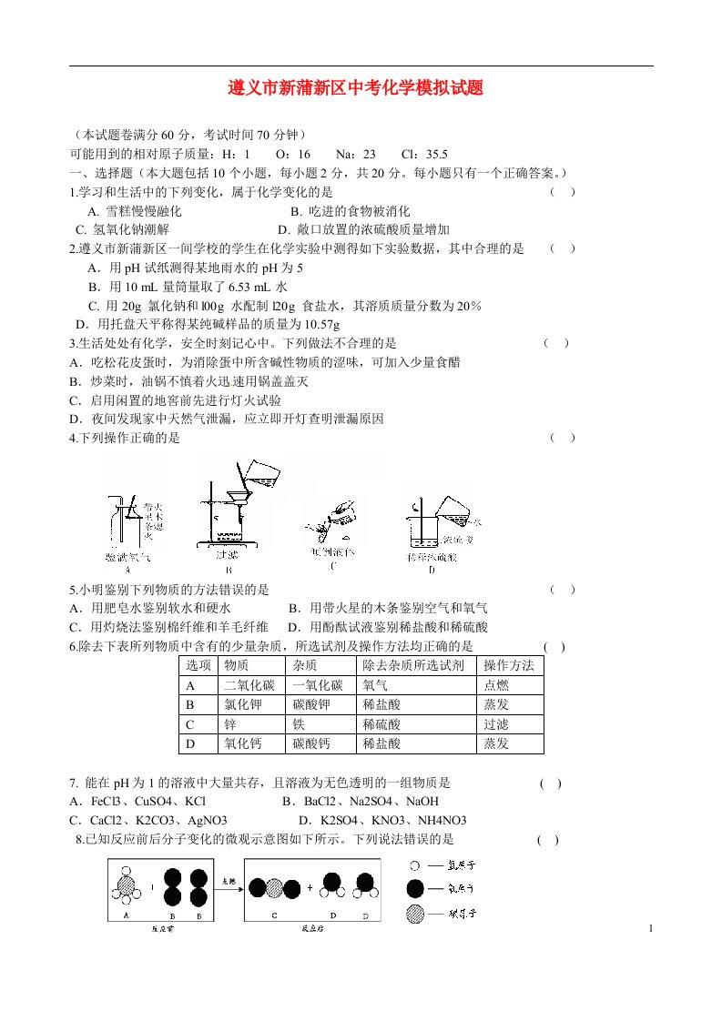 贵州省遵义市新蒲新区中考化学模拟试题