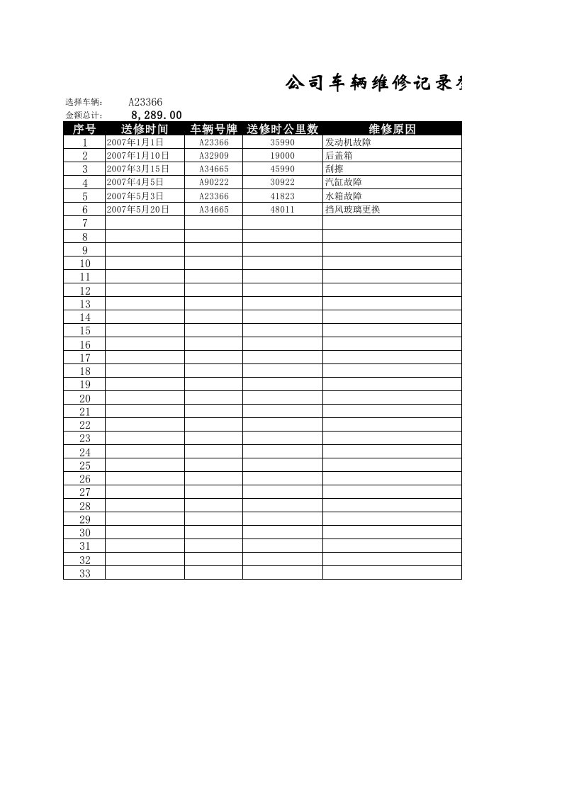 车辆维修登记表