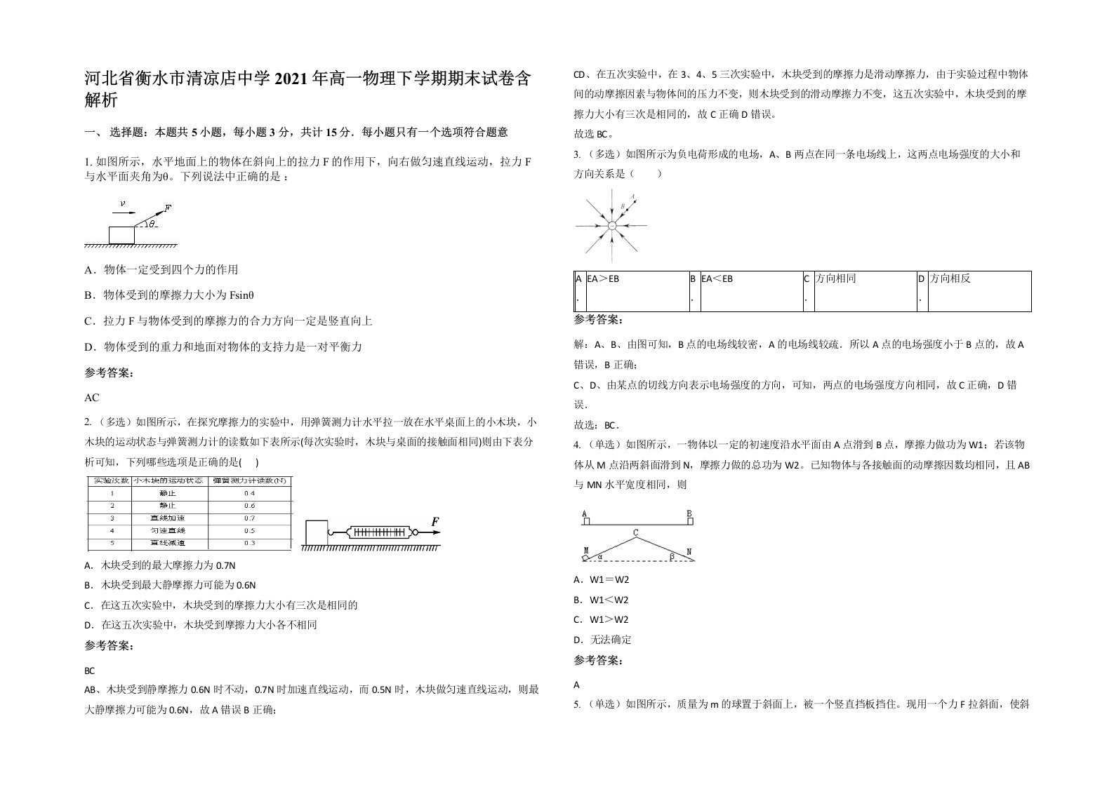 河北省衡水市清凉店中学2021年高一物理下学期期末试卷含解析