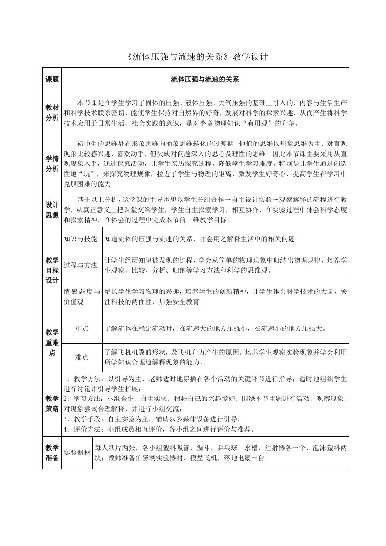 八年级为下册教案流体压强与流速的关系