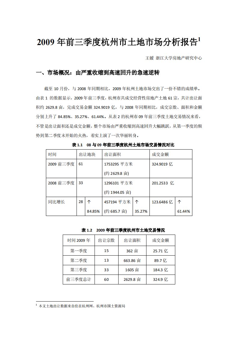 【精品】年前三季度杭州市土地市场分析报告1