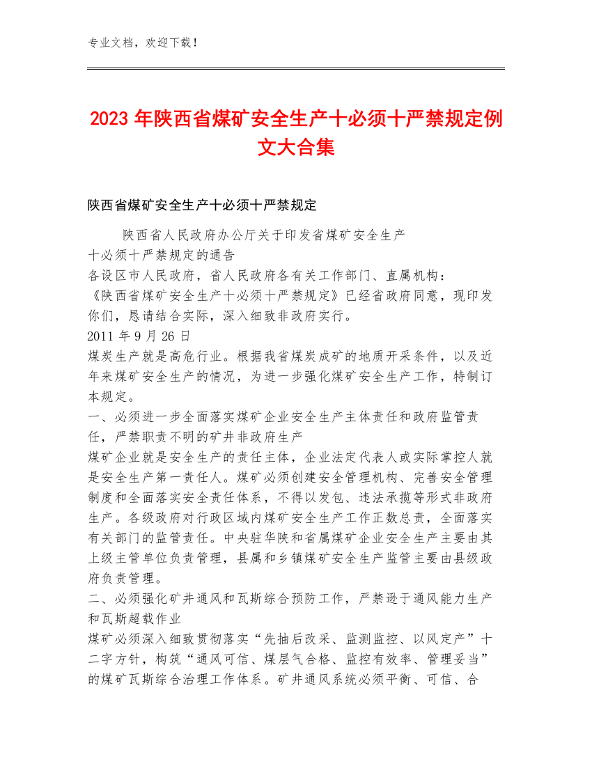 2023年陕西省煤矿安全生产十必须十严禁规定例文大合集