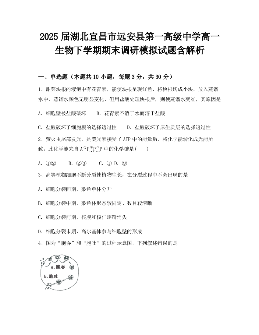 2025届湖北宜昌市远安县第一高级中学高一生物下学期期末调研模拟试题含解析