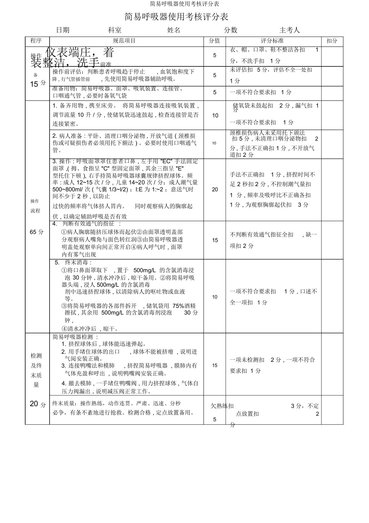 简易呼吸器使用考核评分表