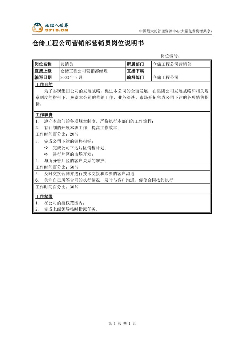 仓储工程公司职位说明书-营销员(doc)-物料管理