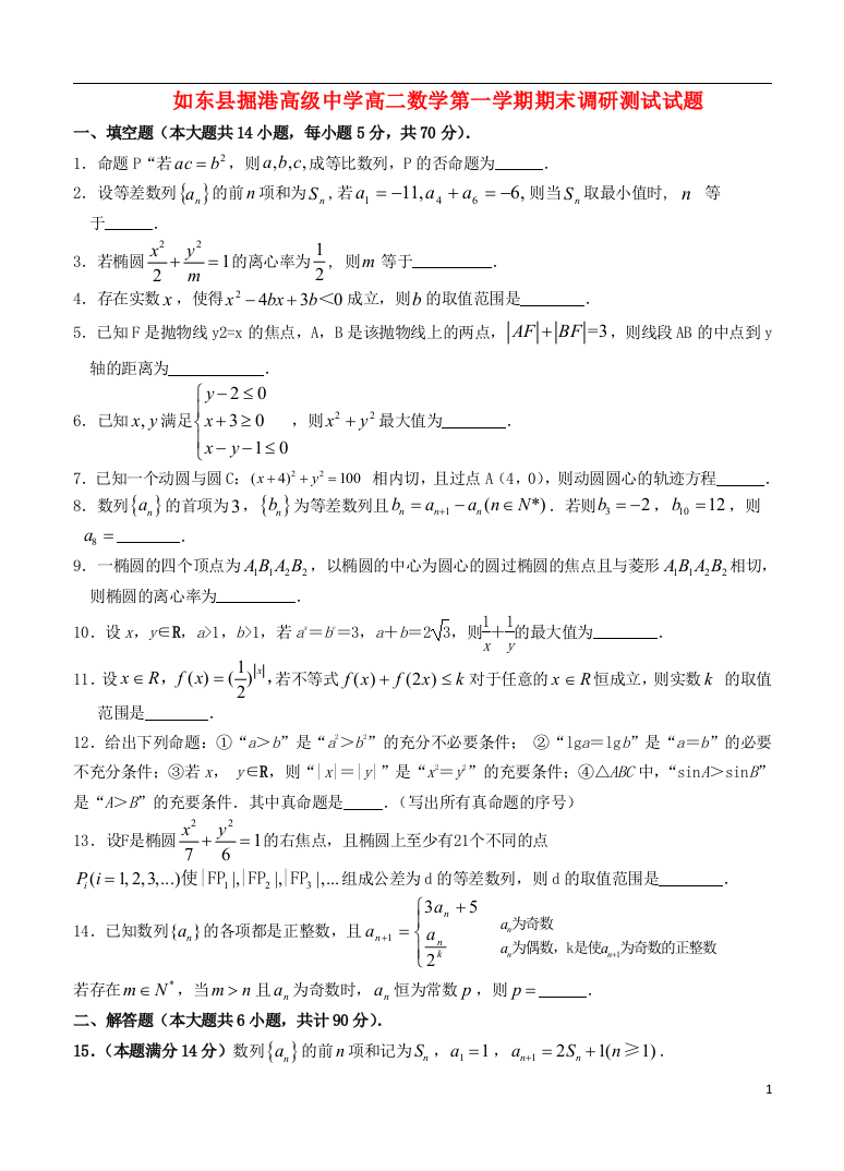 江苏省如东县掘港高级中学2012-2013学年高二数学上学期期末调研测试试题