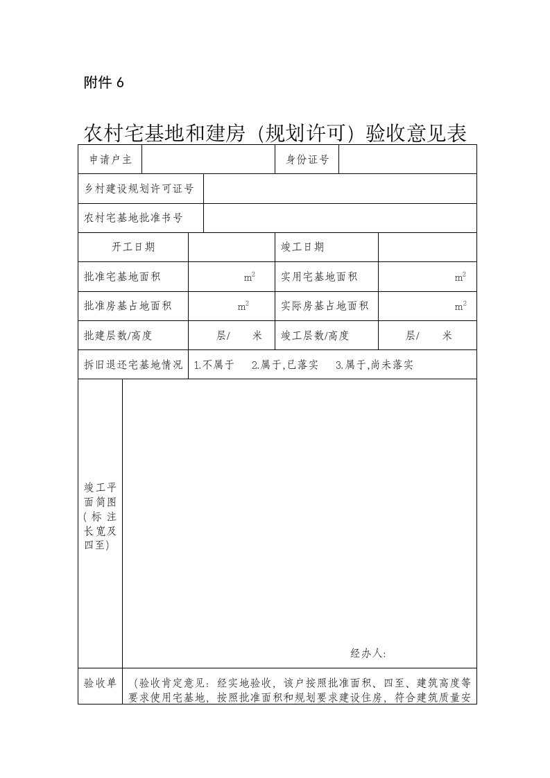 农村宅基地和建房(规划许可)验收意见表