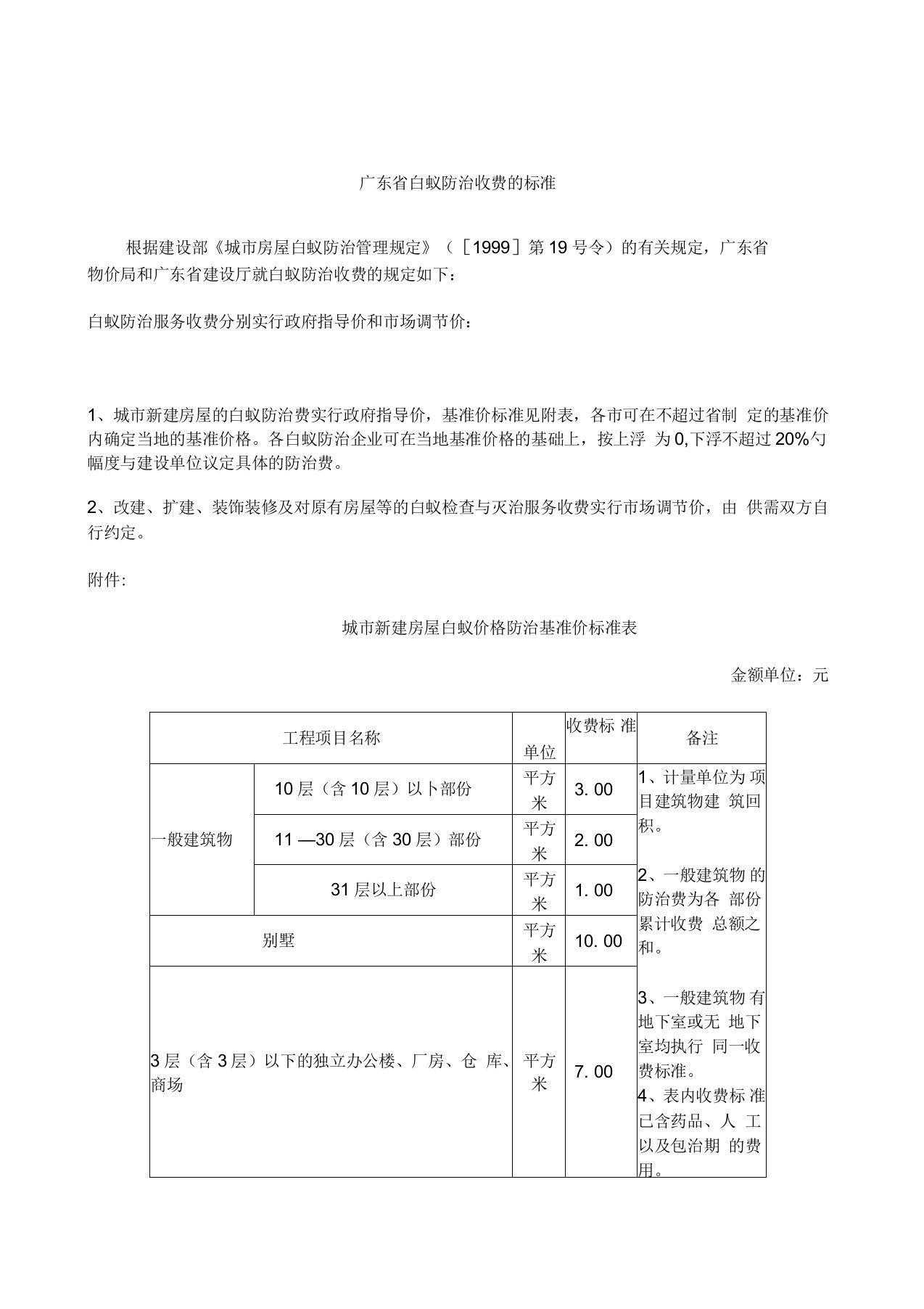 广东省白蚁防治收费的标准