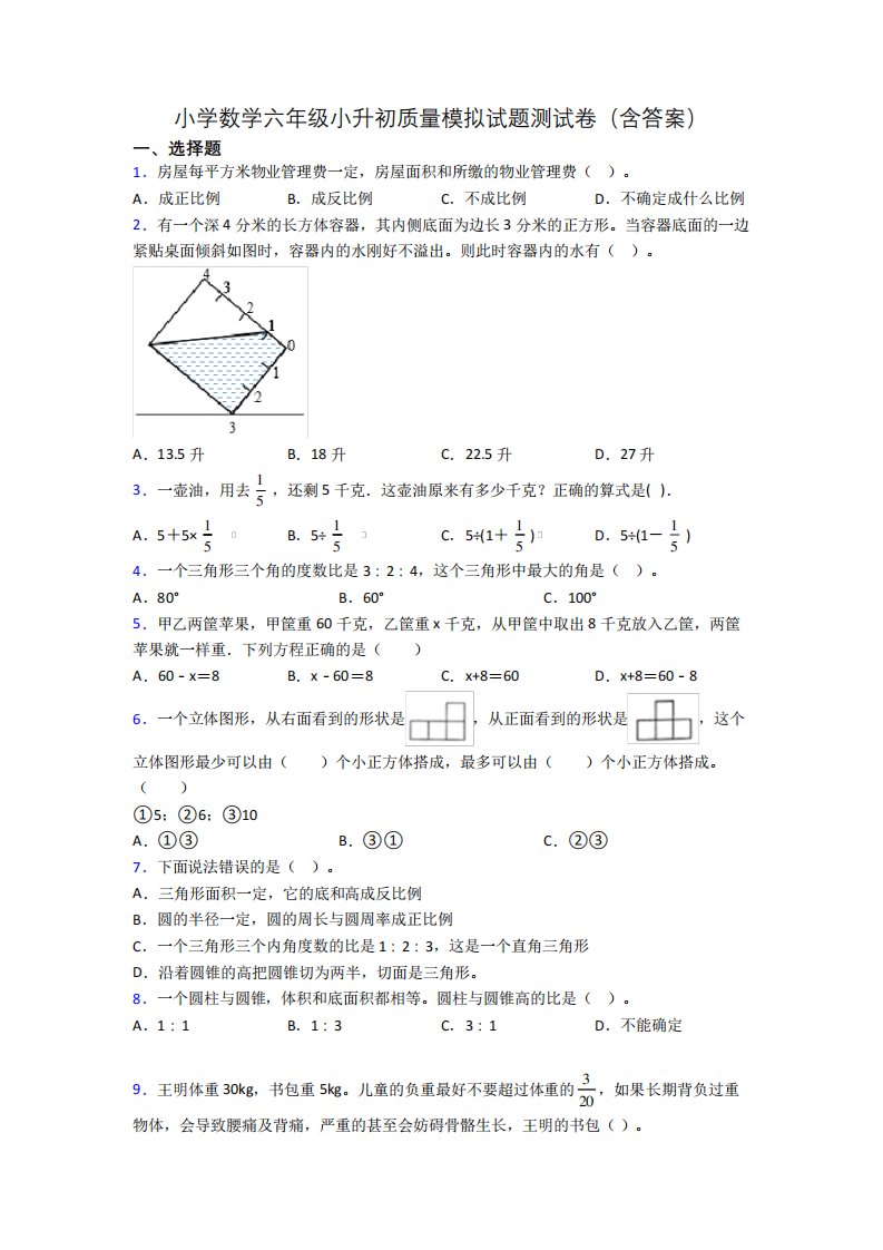 小学数学六年级小升初质量模拟试题测试卷(含答案)