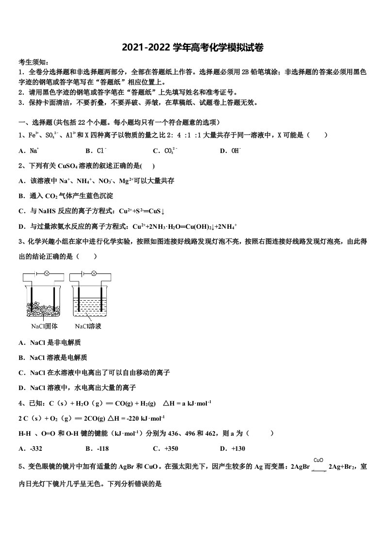 2022届广东省中山市中山纪念中学高三3月份模拟考试化学试题含解析