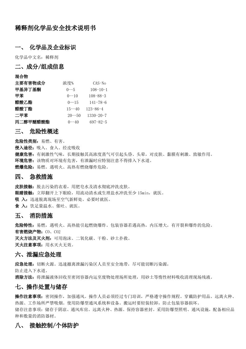 稀释剂化学品安全技术说明书