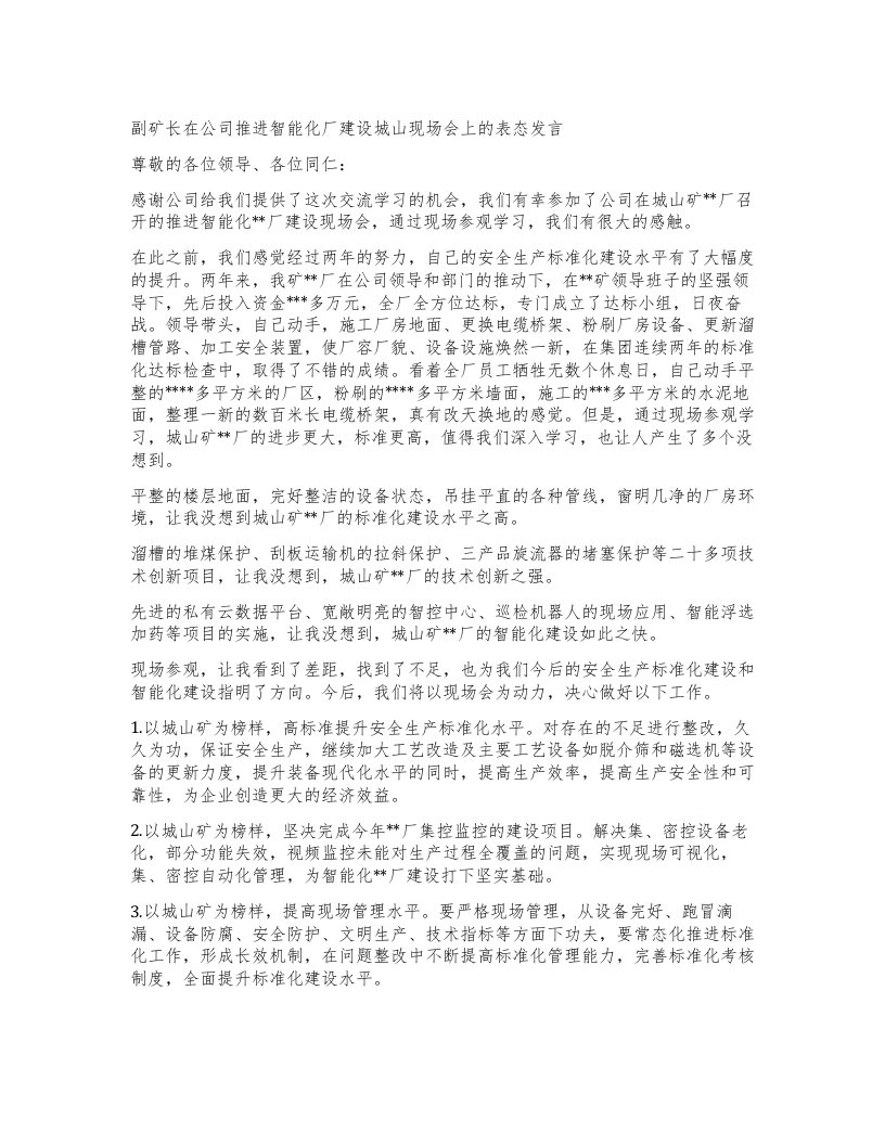 副矿长在公司推进智能化厂建设城山现场会上的表态发言