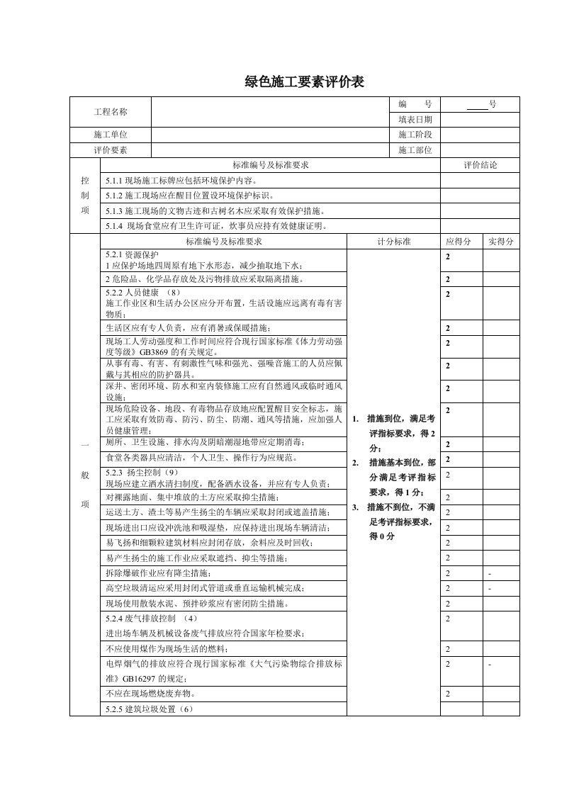 绿色施工阶段评分表