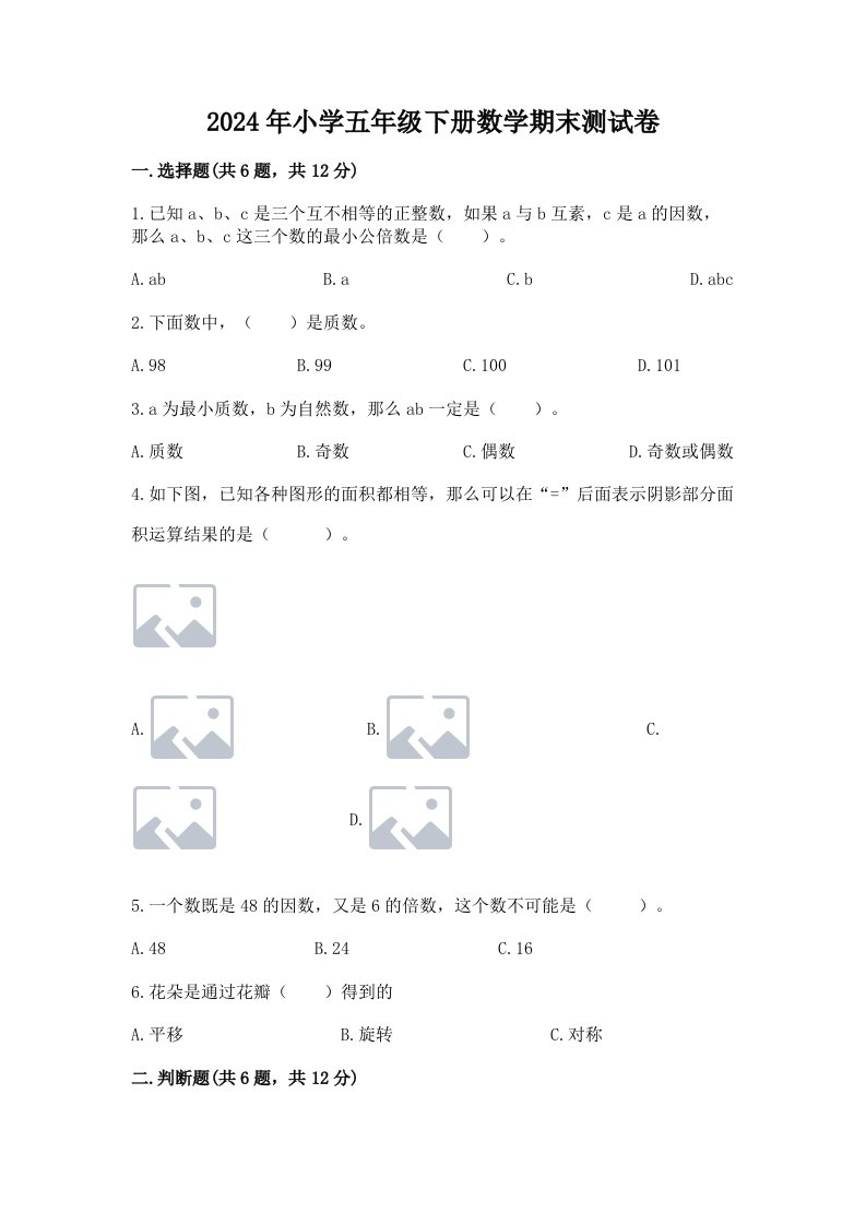 2024年小学五年级下册数学期末测试卷及参考答案【培优a卷】