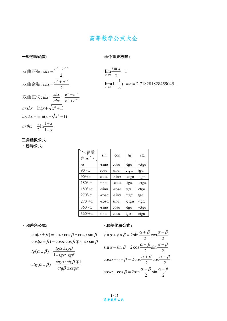 高等数学公式大全(免费)