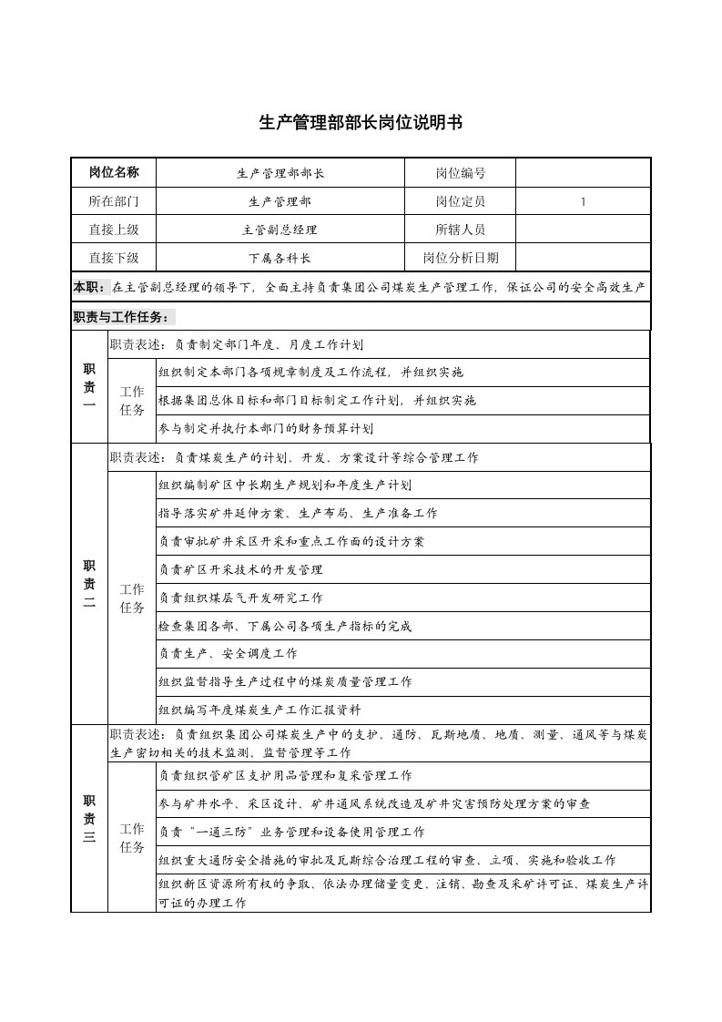 生产管理部部长岗位说明书