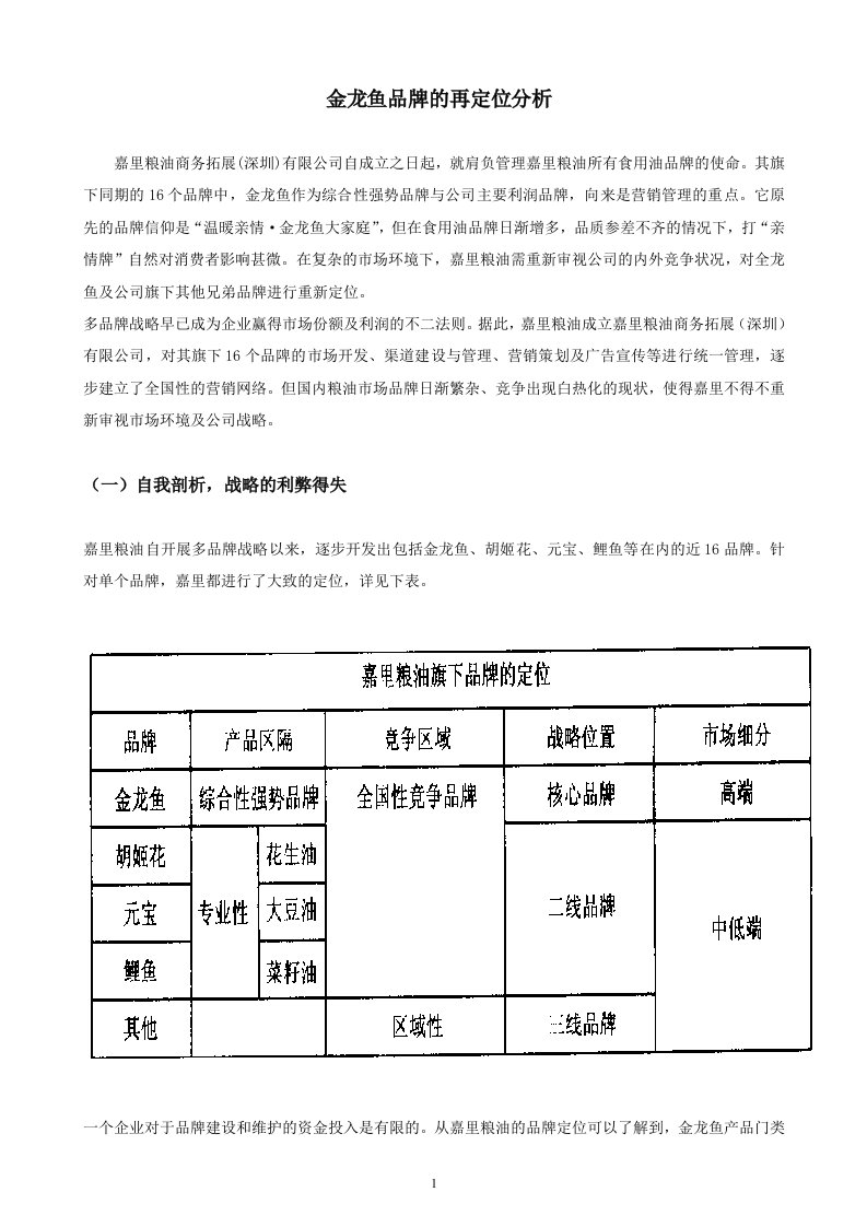 金龙鱼品牌的再定位分析参考资料