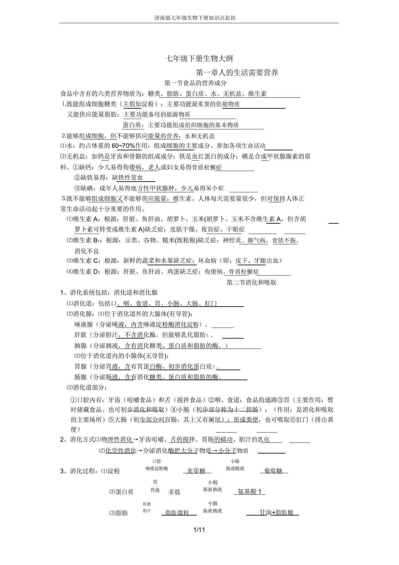 济南版七年级生物下册知识点总结