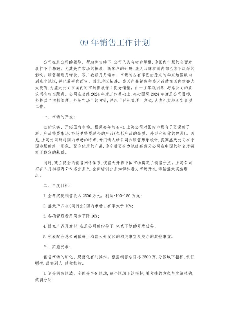 总结报告09年销售工作计划