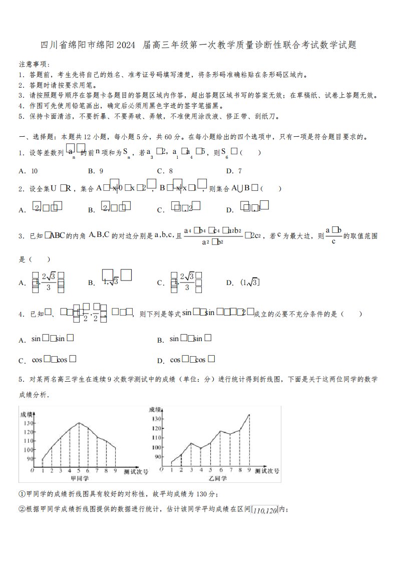 四川省绵阳市绵阳2024届高三年级第一次教学质量诊断性联合考试数学试题