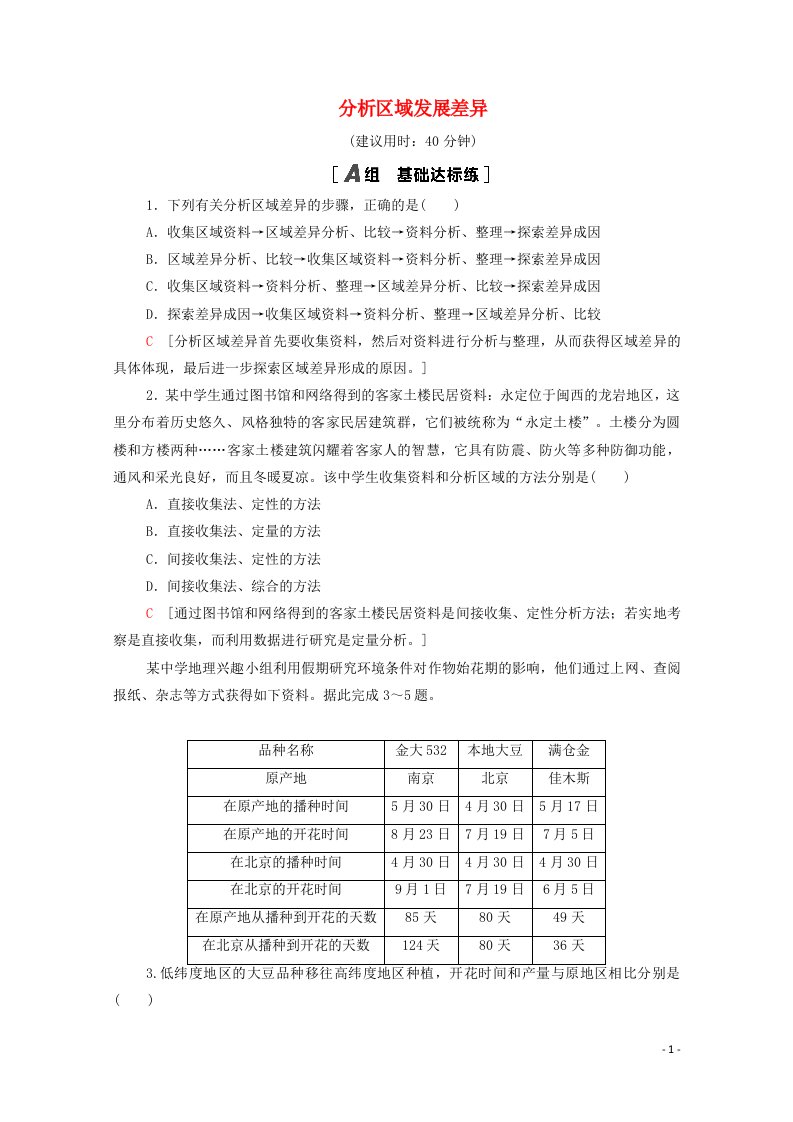 2020_2021学年新教材高中地理第1单元地理环境与区域发展单元活动分析区域发展差异课时分层作业含解析鲁教版选择性必修2