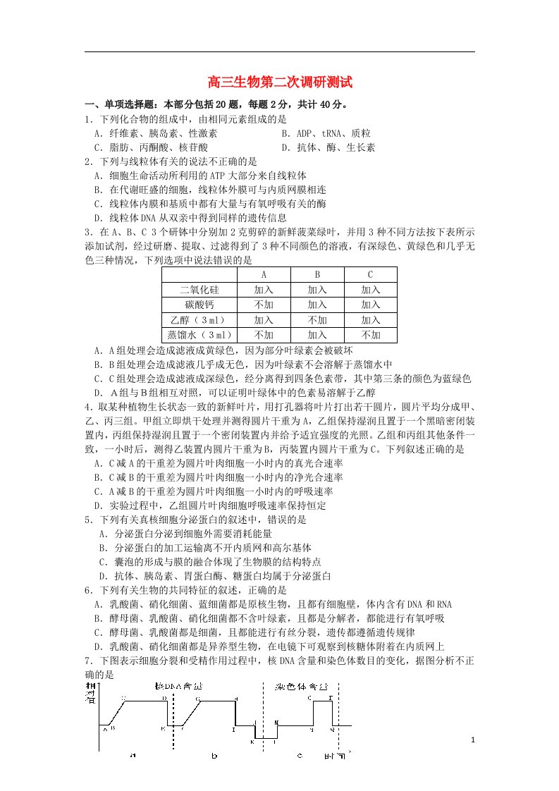 江苏省泰兴中学高三生物第二次调研测试试题苏教版