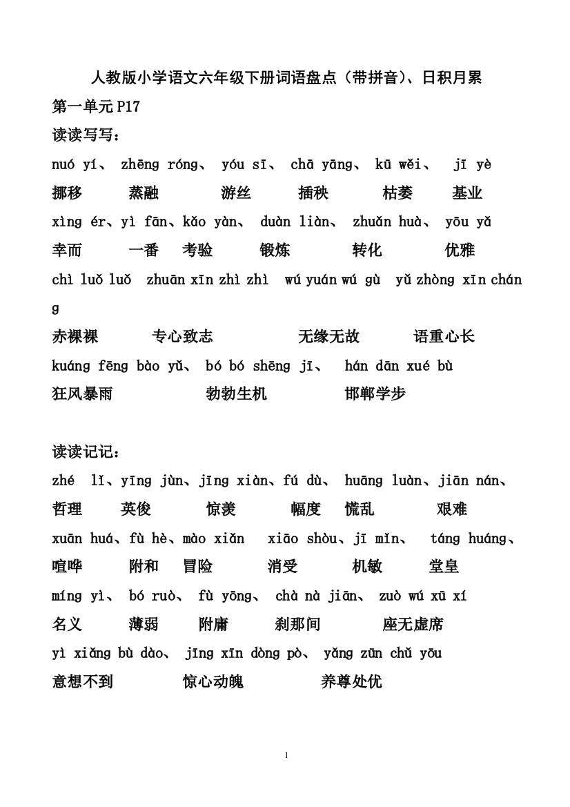 人教版小学语文六年级下册词语盘点(带拼音)、日积月累