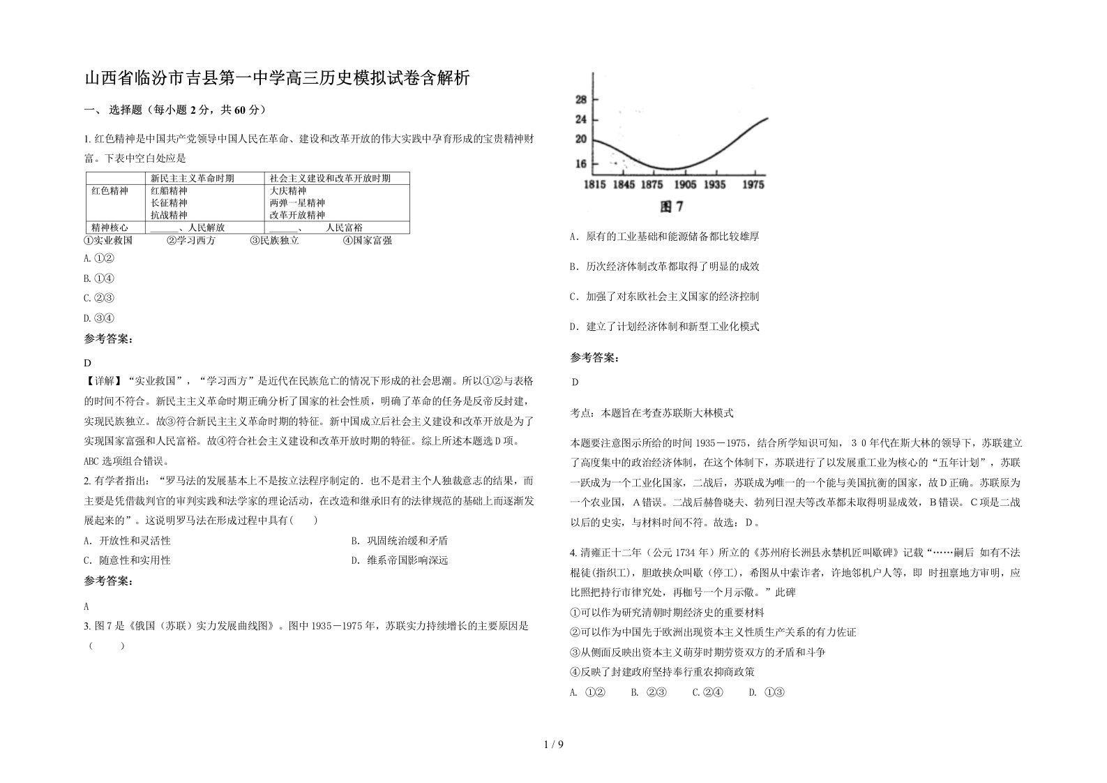 山西省临汾市吉县第一中学高三历史模拟试卷含解析