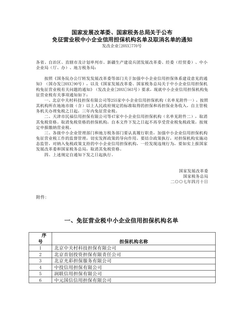 发展战略-国家发展改革委、国家税务总局关于公布免征营业税中小企业信用担