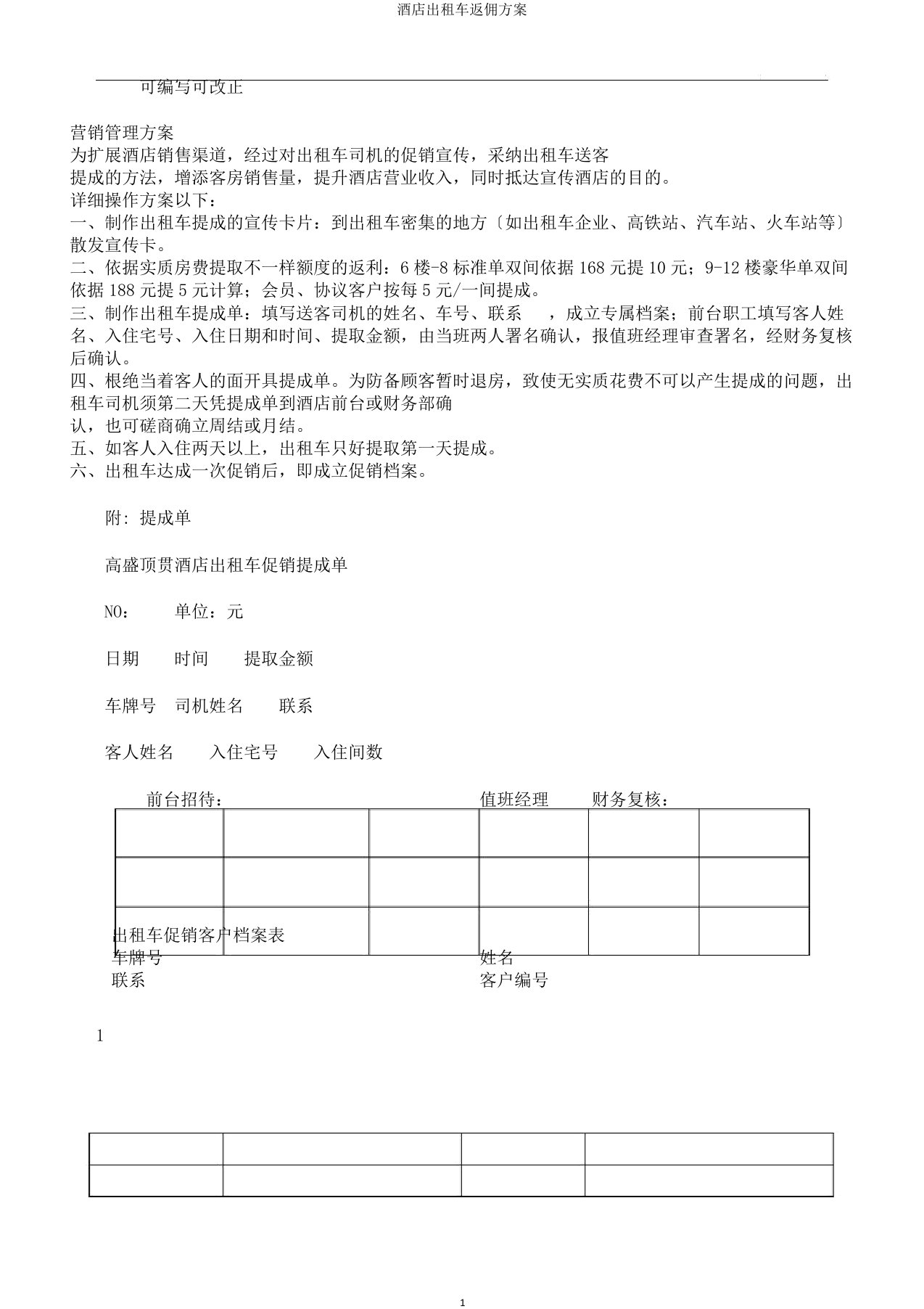 酒店出租车返佣方案