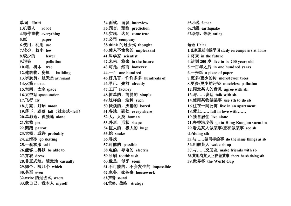 八年级下1-10单元单词短语