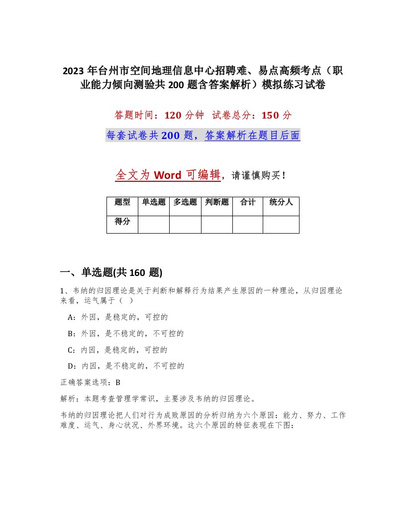 2023年台州市空间地理信息中心招聘难易点高频考点职业能力倾向测验共200题含答案解析模拟练习试卷