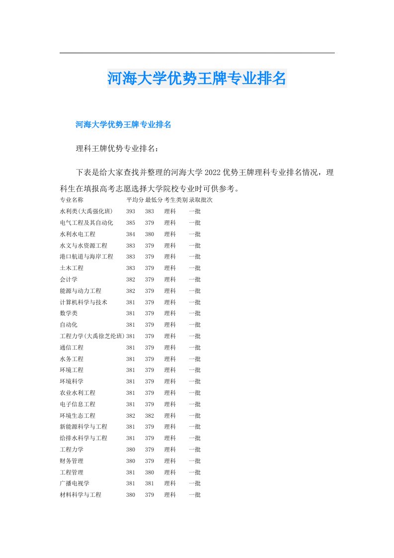 河海大学优势王牌专业排名