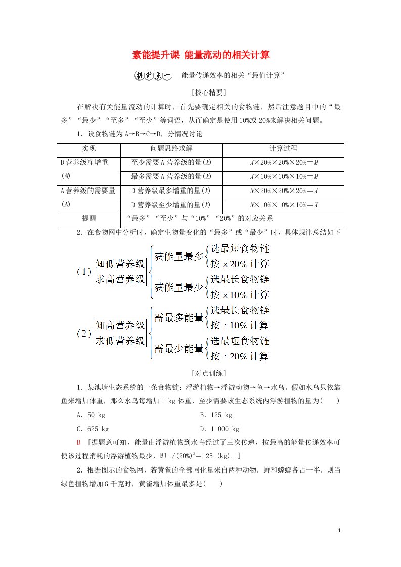 2021_2022学年新教材高中生物第3章生态系统及其稳定性素能提升课能量流动的相关计算学案新人教版选择性必修2