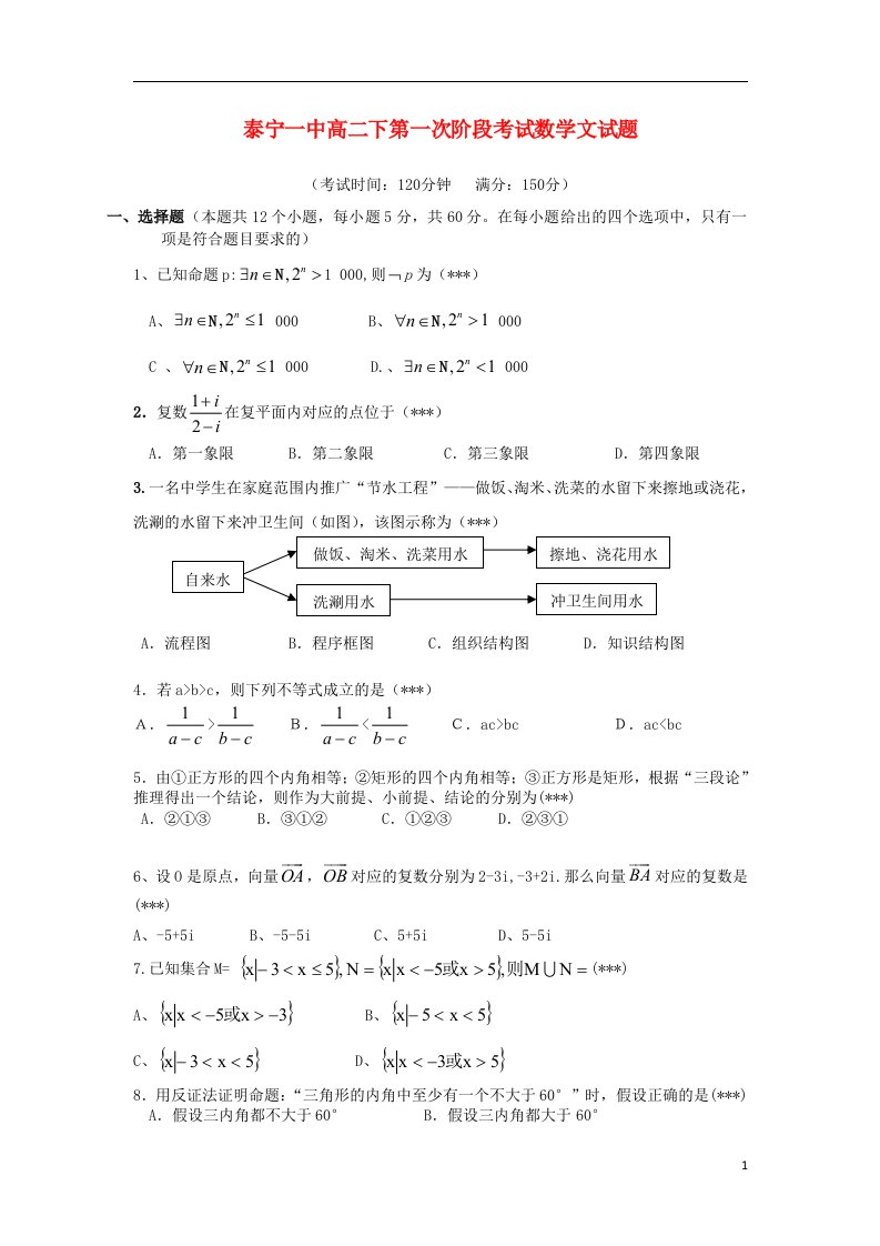 福建省三明市泰宁一中高二数学下学期第一次阶段考试试题