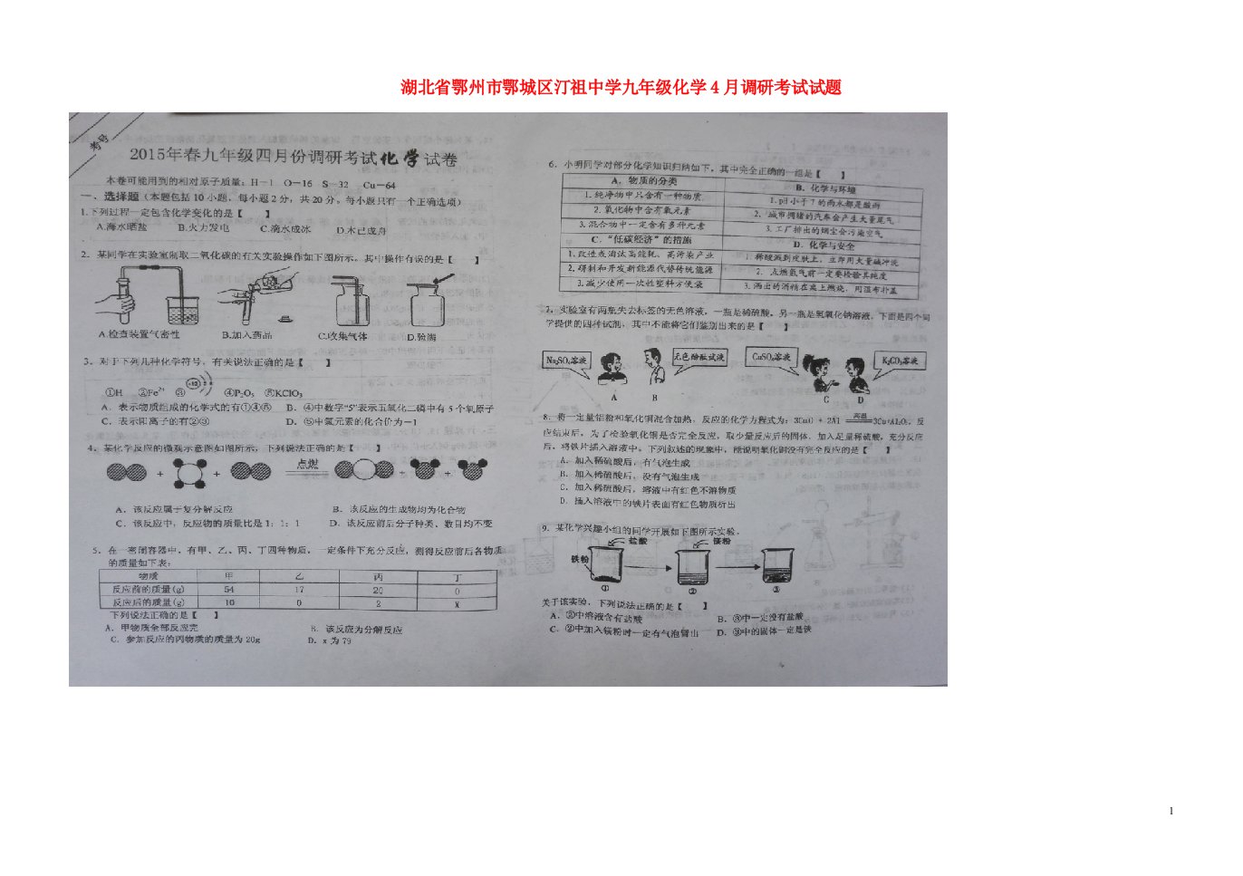 湖北省鄂州市鄂城区汀祖中学九级化学4月调研考试试题（扫描版）