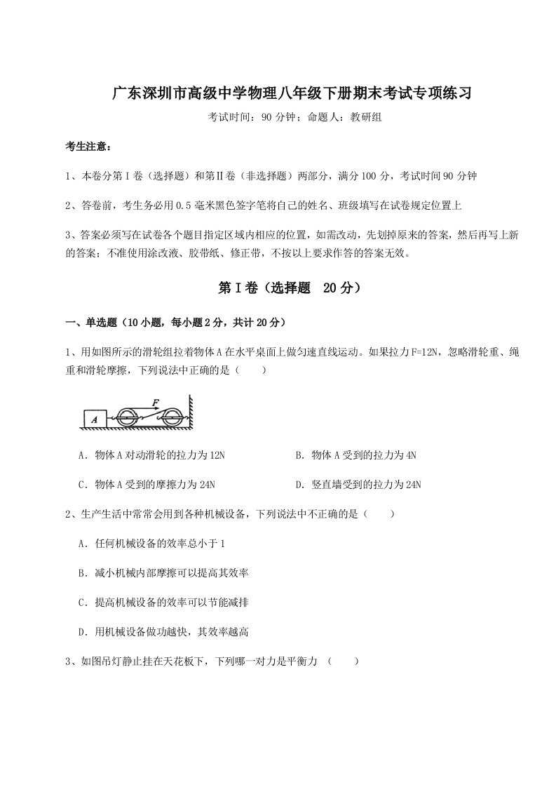 基础强化广东深圳市高级中学物理八年级下册期末考试专项练习试题（含解析）