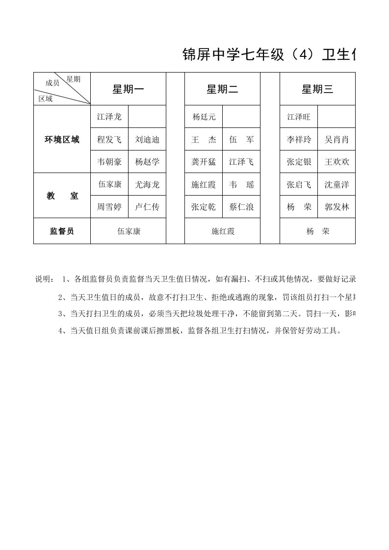 卫生值日表模板