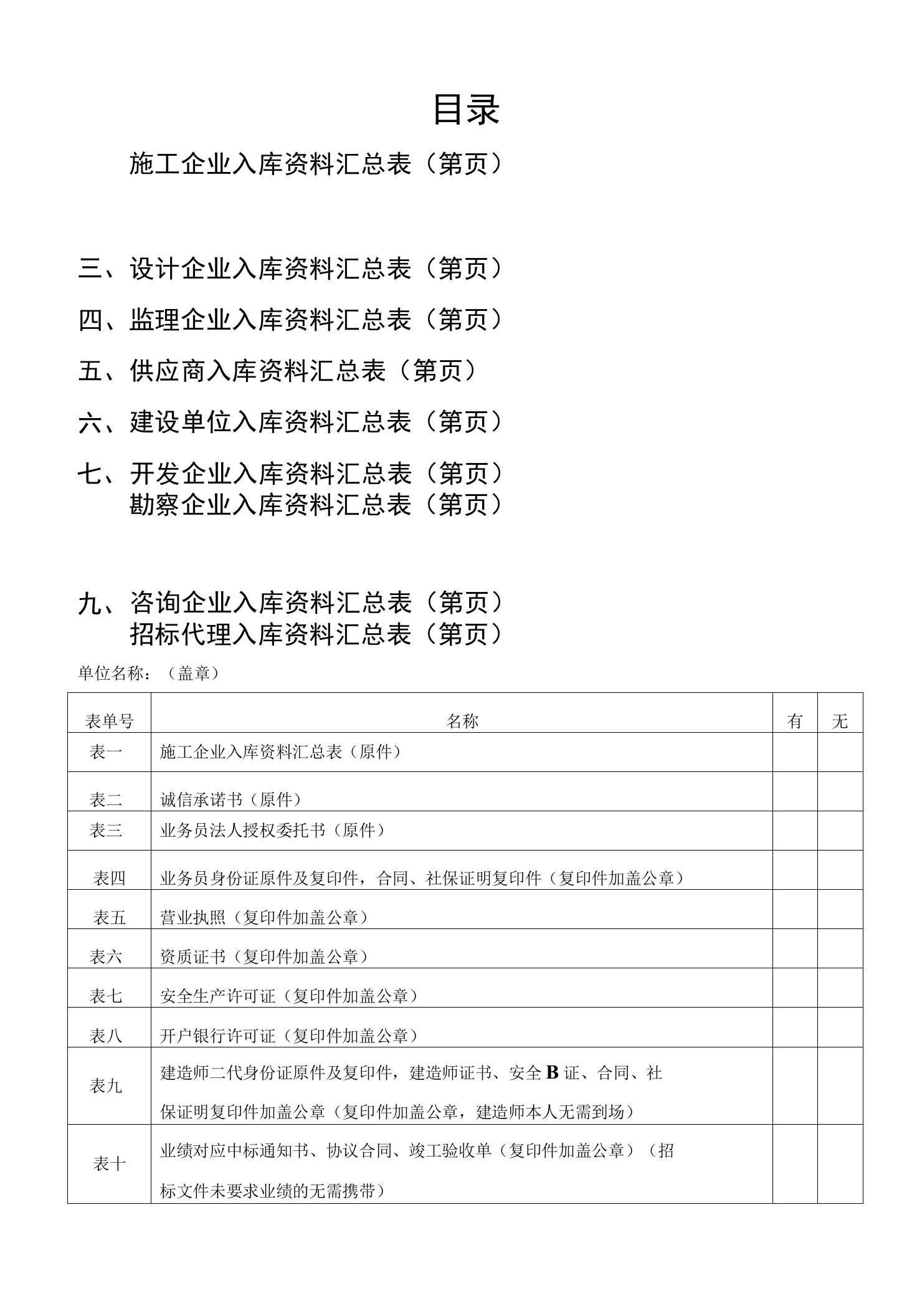 各类企业入库资料汇总表（模板）