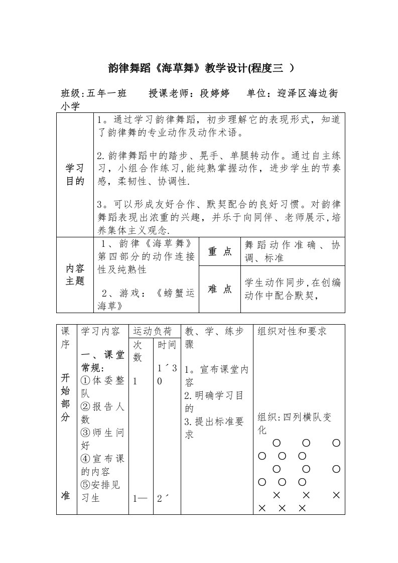 韵律舞蹈《海草舞》教学设计(水平三