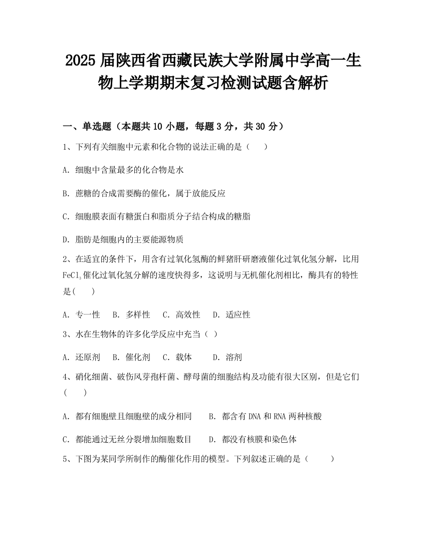 2025届陕西省西藏民族大学附属中学高一生物上学期期末复习检测试题含解析