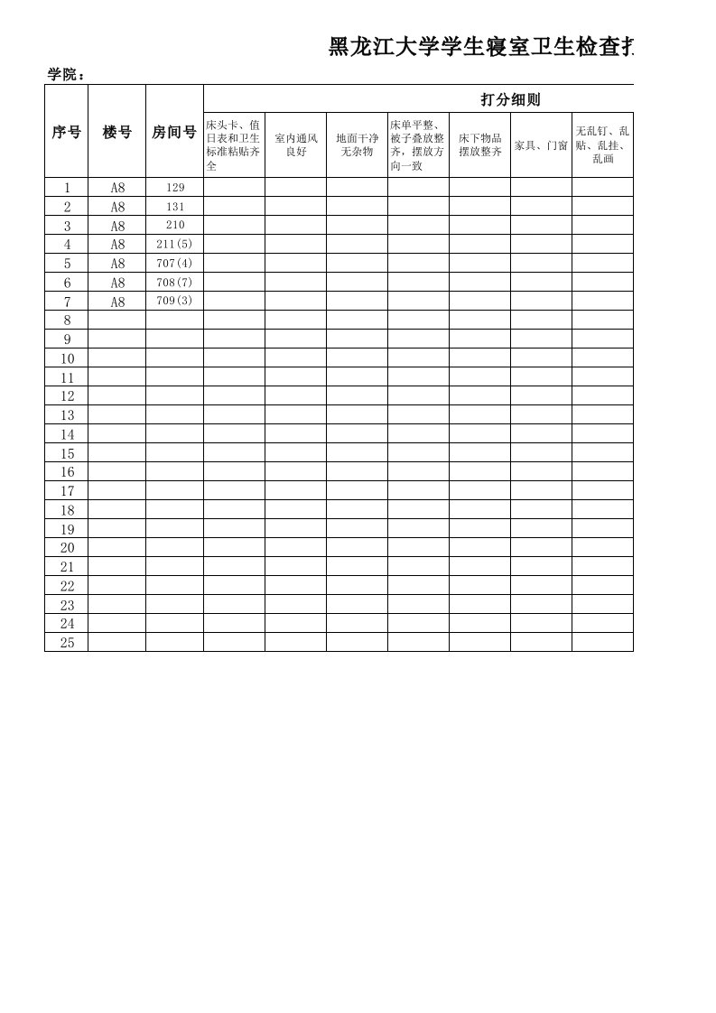 学生寝室卫生检查打分表