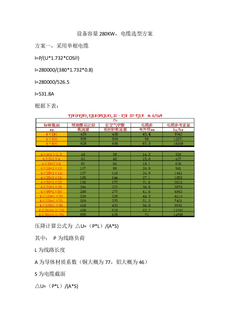 电缆选型方案计算