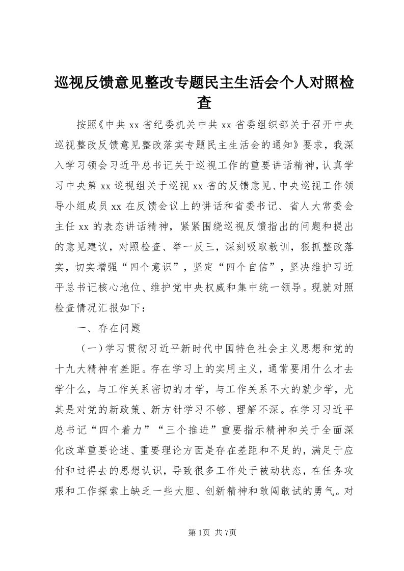 7巡视反馈意见整改专题民主生活会个人对照检查