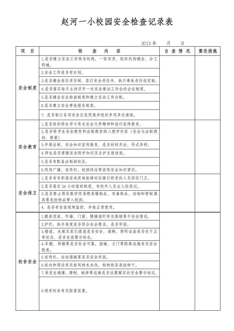 赵河一小校园安全检查记录表001