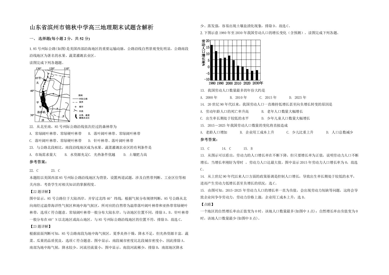 山东省滨州市锦秋中学高三地理期末试题含解析