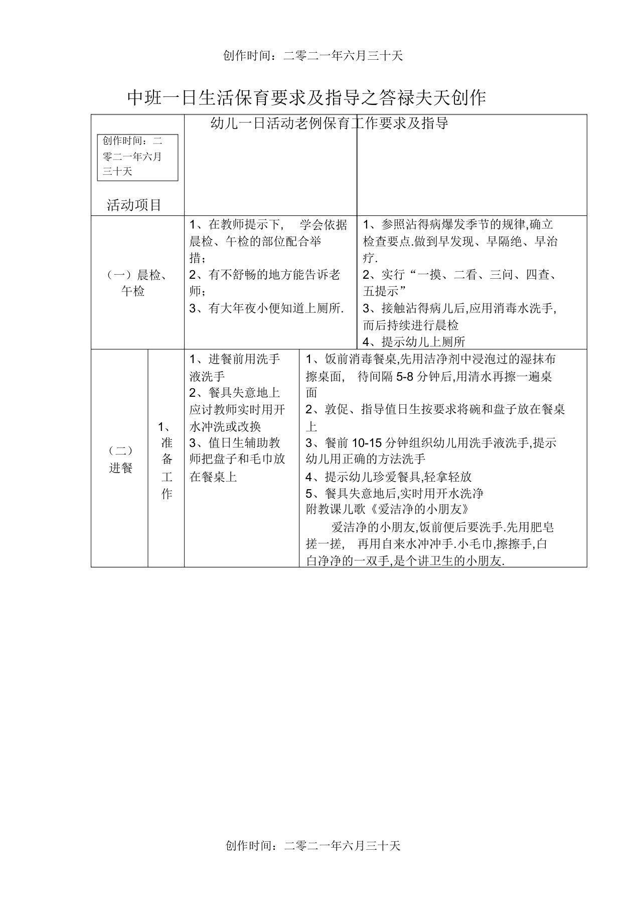 中班一日生活保育要求指导