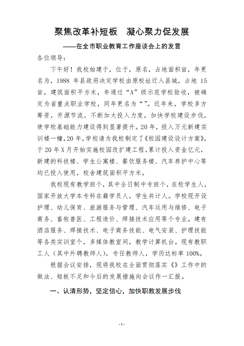 在全市职业教育工作座谈会上的发言(职业学校校长发言稿)